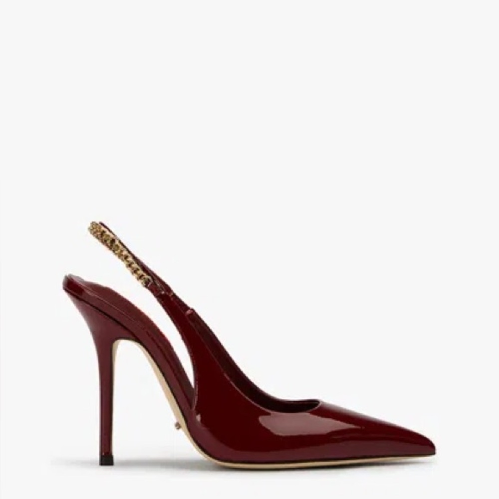 Tony Bianco Burgundy Patent Slingback Pumps with Gold Chain